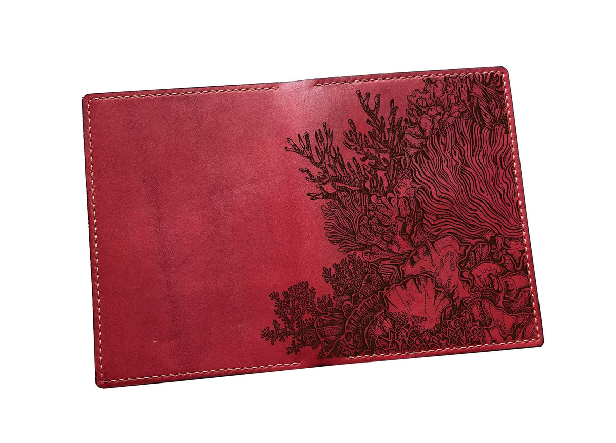 Coral Engraved Leather Wallet, Genuine Handmade Ocean Gift for Him
