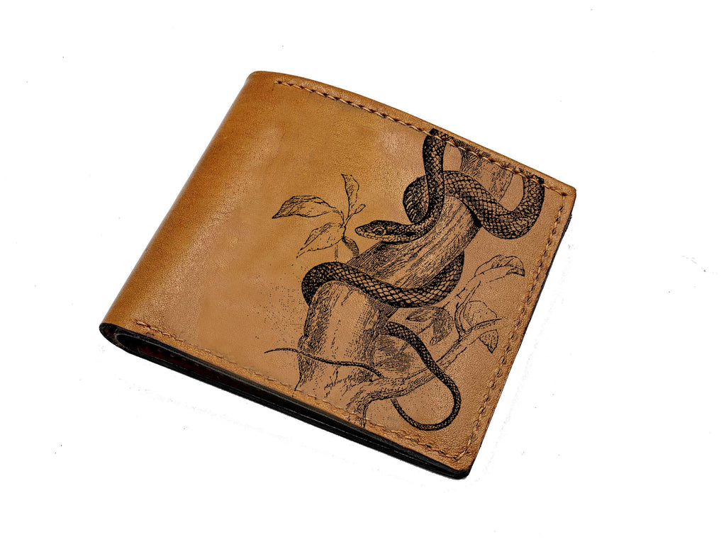 Personalized Leather Wallet, Snake Flower Design, Handmade