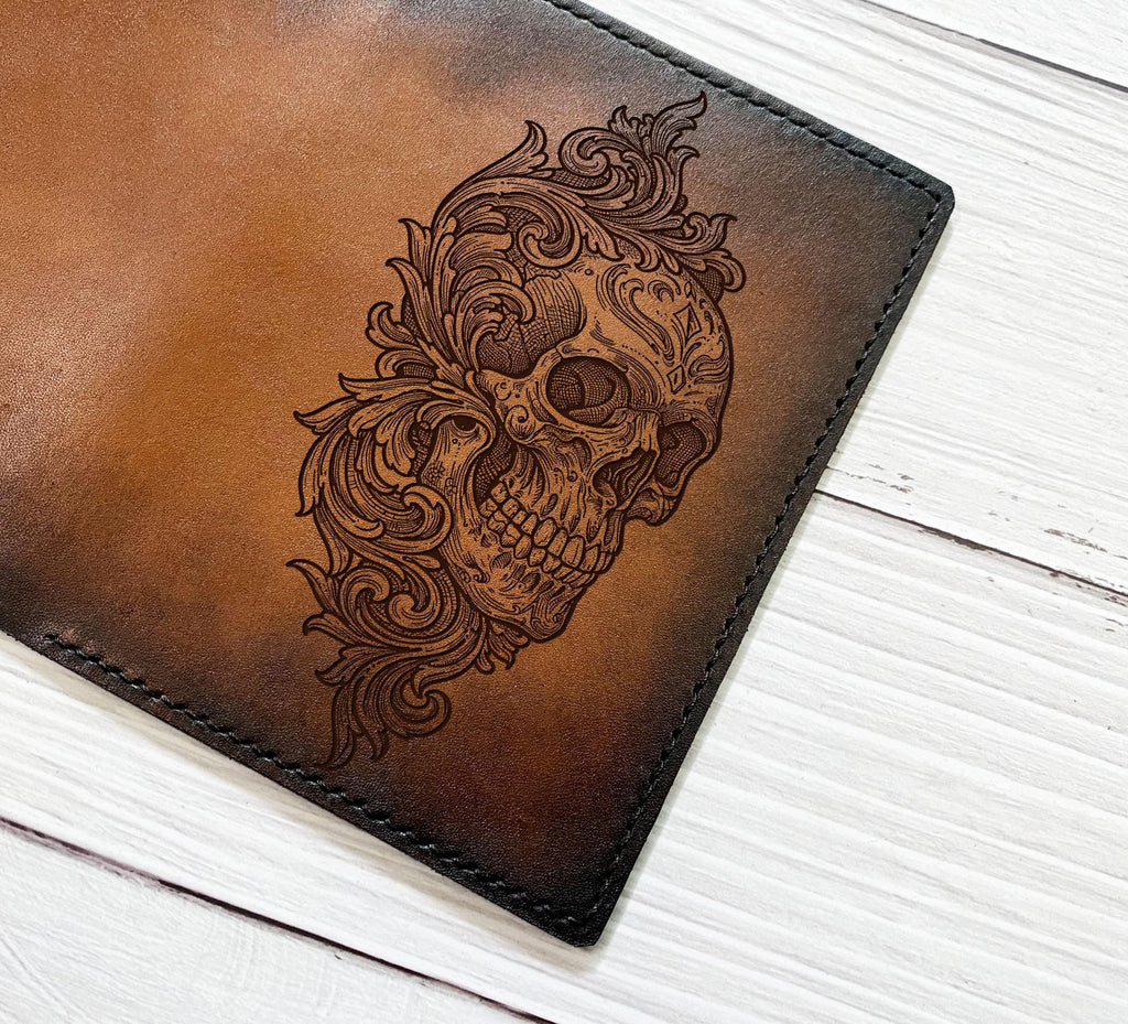 Skull Skeleton Leather Passport Wallet - Custom Engraved Travel Wallet