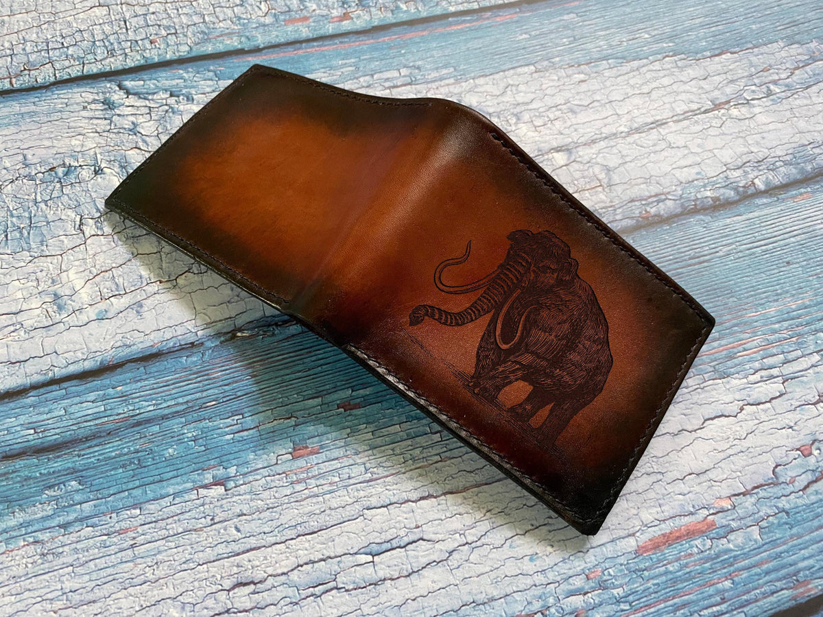 Mammoth Leather Wallet, Ice Age Elephant Art, Personalized Gift