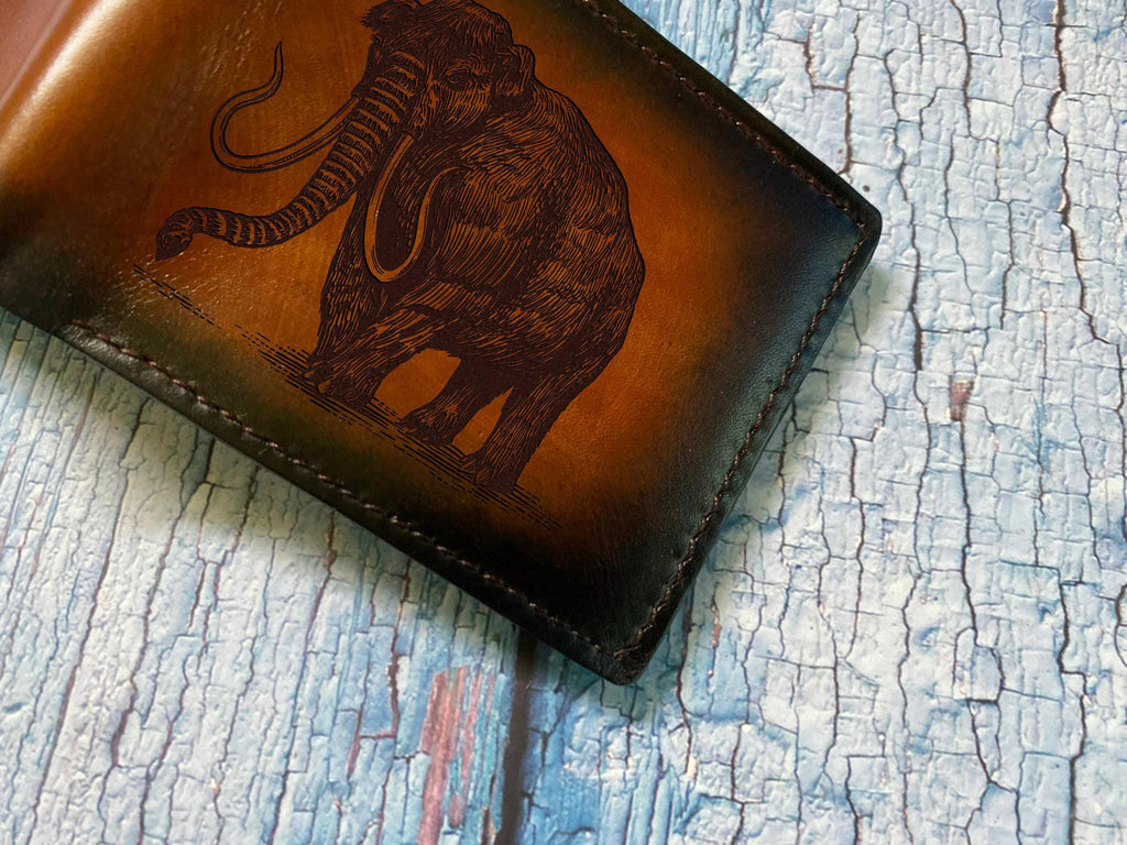 Mammoth Leather Wallet, Ice Age Elephant Art, Personalized Gift