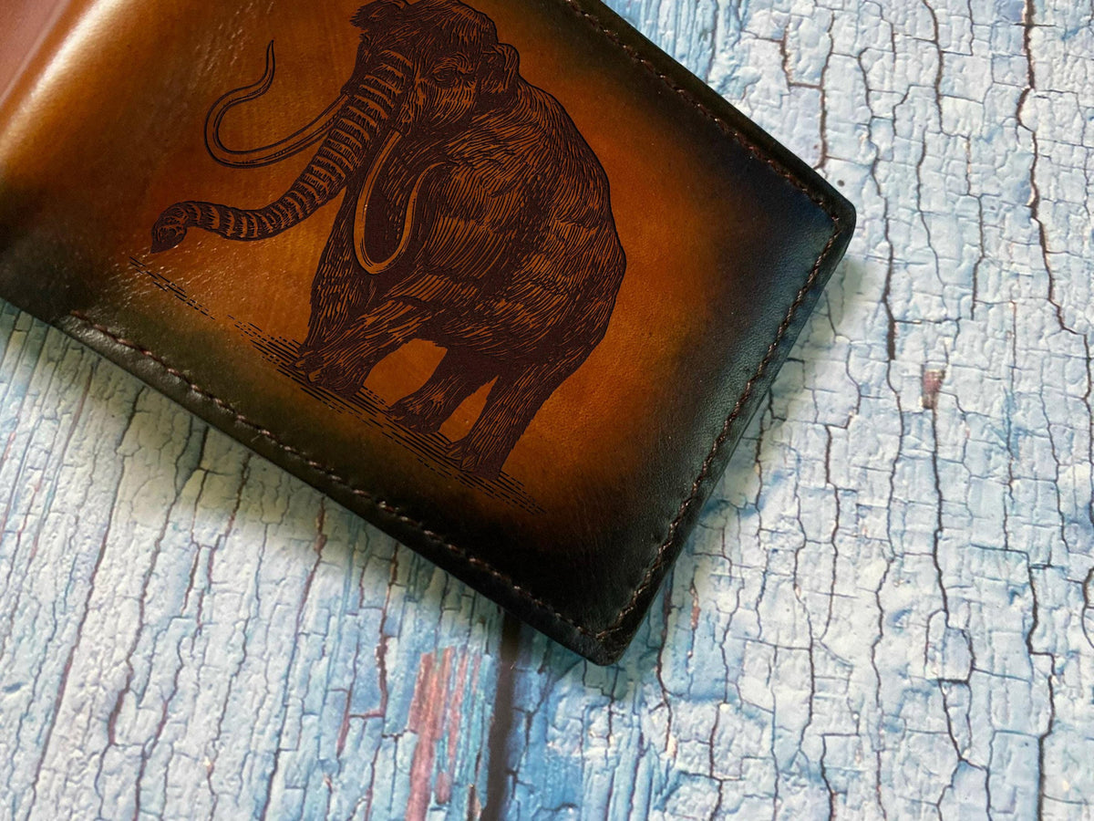 Mammoth Leather Wallet, Ice Age Elephant Art, Personalized Gift