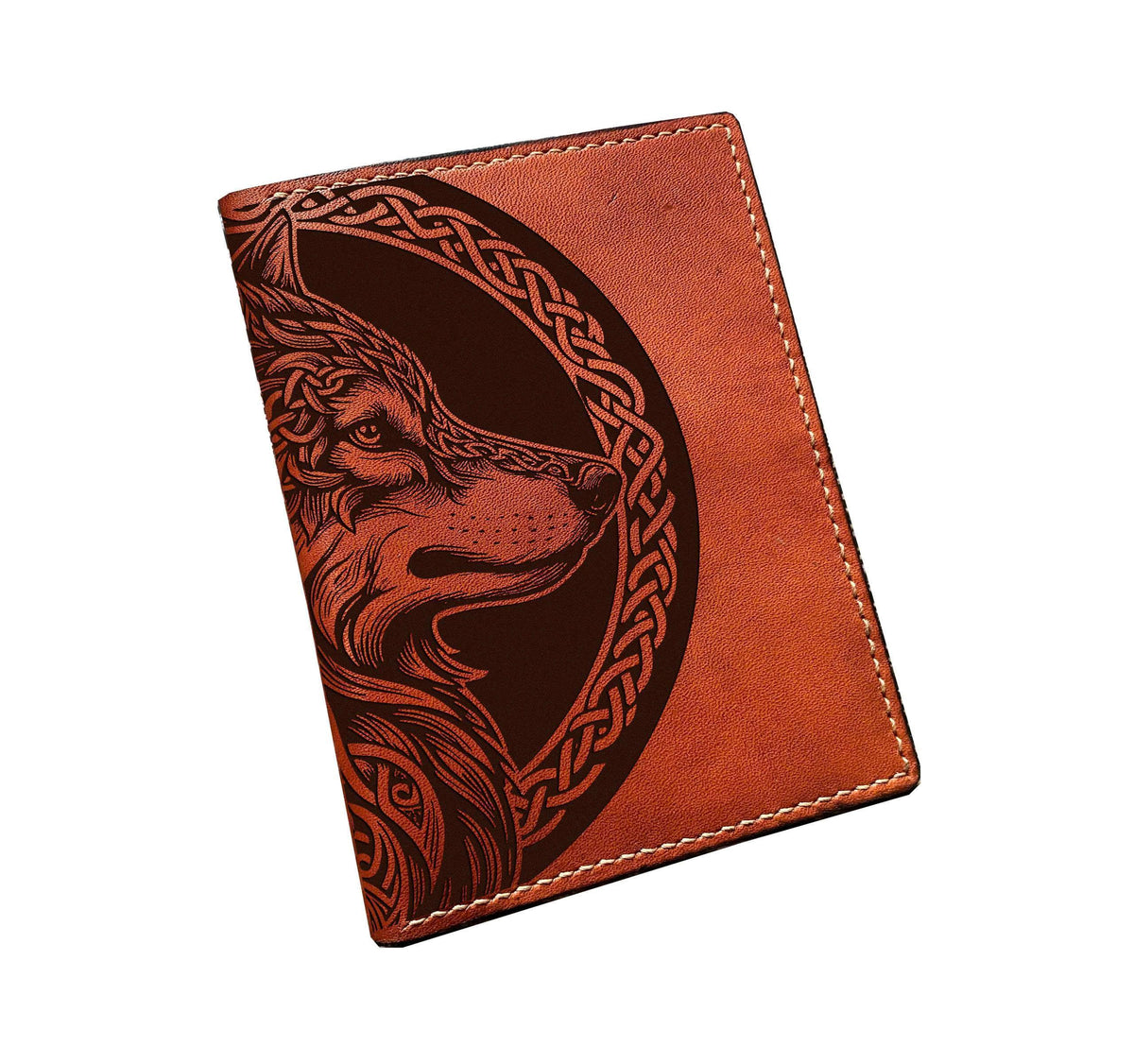 Engraved Celtic Wolf Leather Passport Wallet - Personalized Viking Travel Case