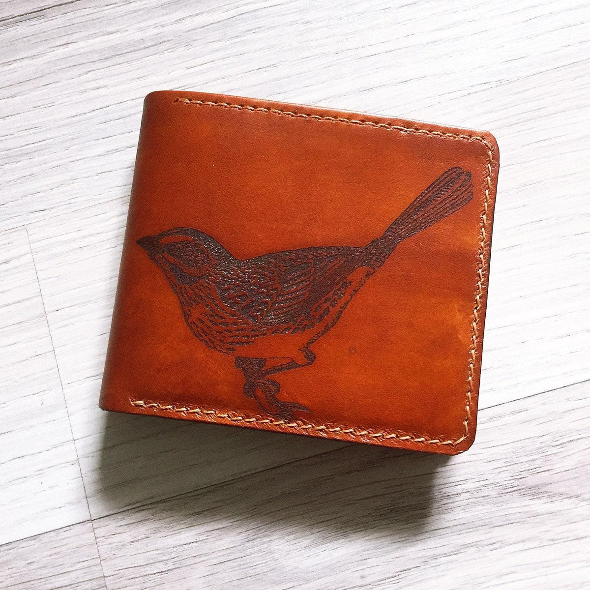 Personalized Bird Leather Bifold Wallet, Handmade Anniversary Gift