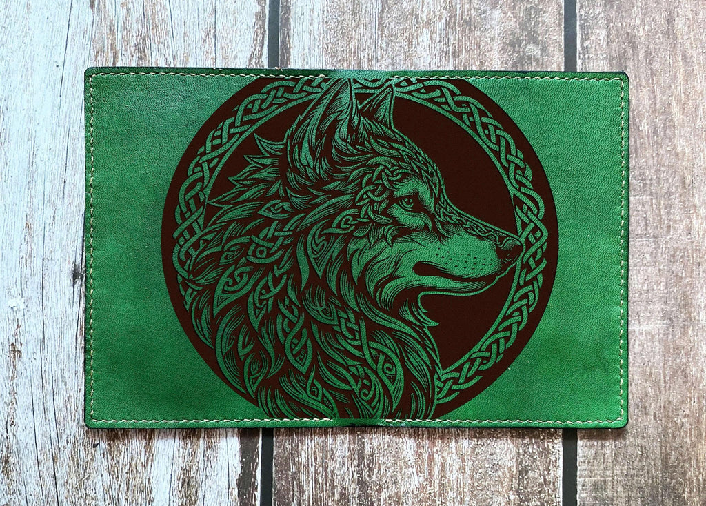 Engraved Celtic Wolf Leather Passport Wallet - Personalized Viking Travel Case
