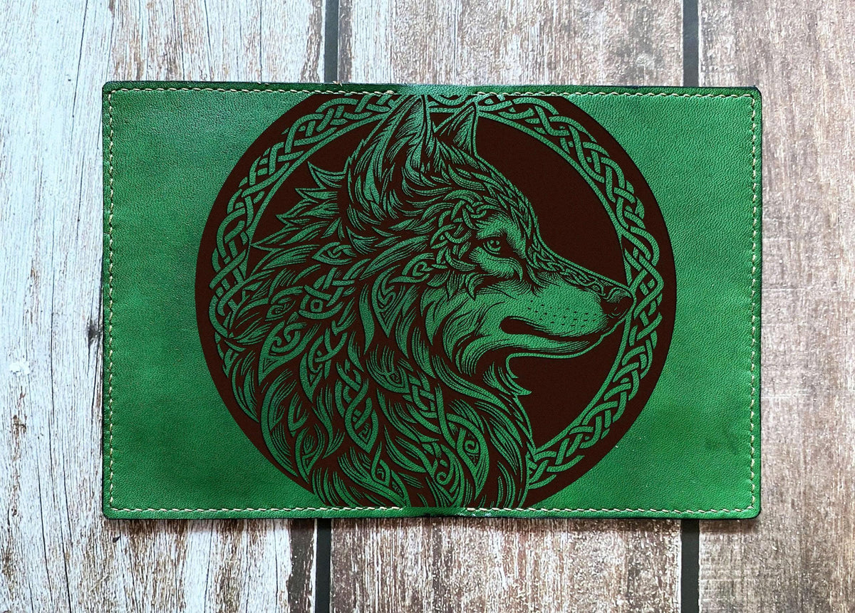 Engraved Celtic Wolf Leather Passport Wallet - Personalized Viking Travel Case
