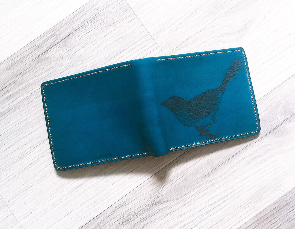 Personalized Bird Leather Bifold Wallet, Handmade Anniversary Gift