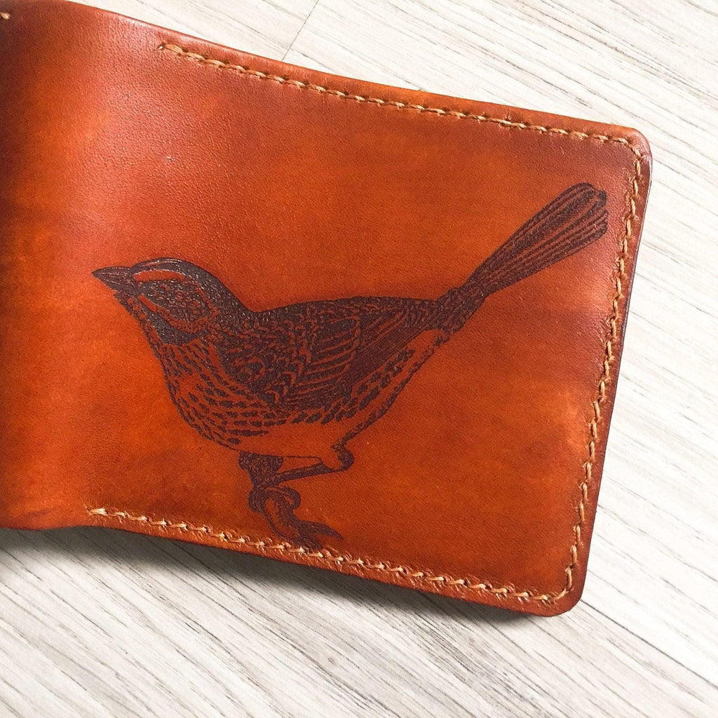 Personalized Bird Leather Bifold Wallet, Handmade Anniversary Gift