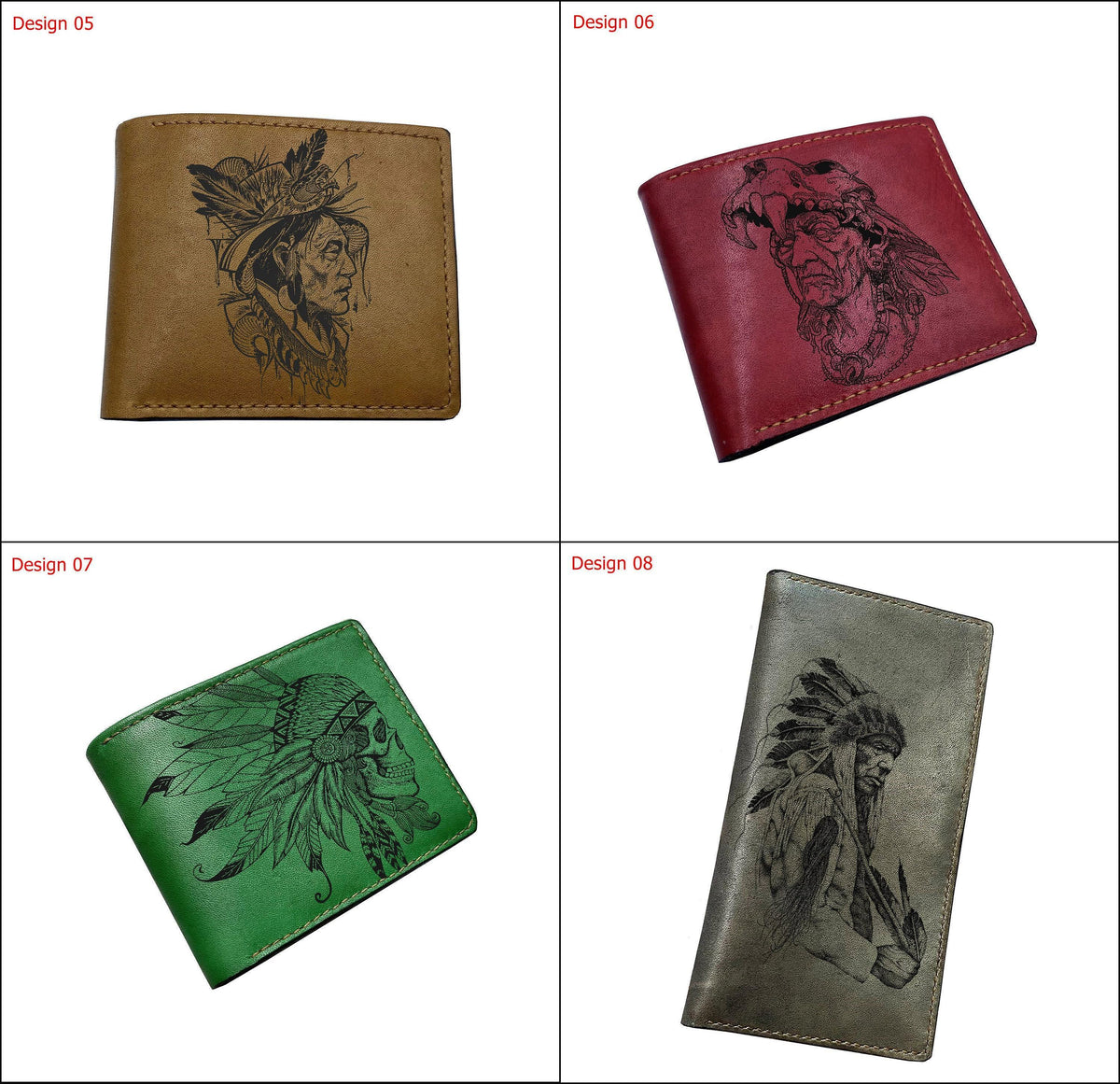 Personalized Leather Wallet, Native American Chief Art, Custom Engraved