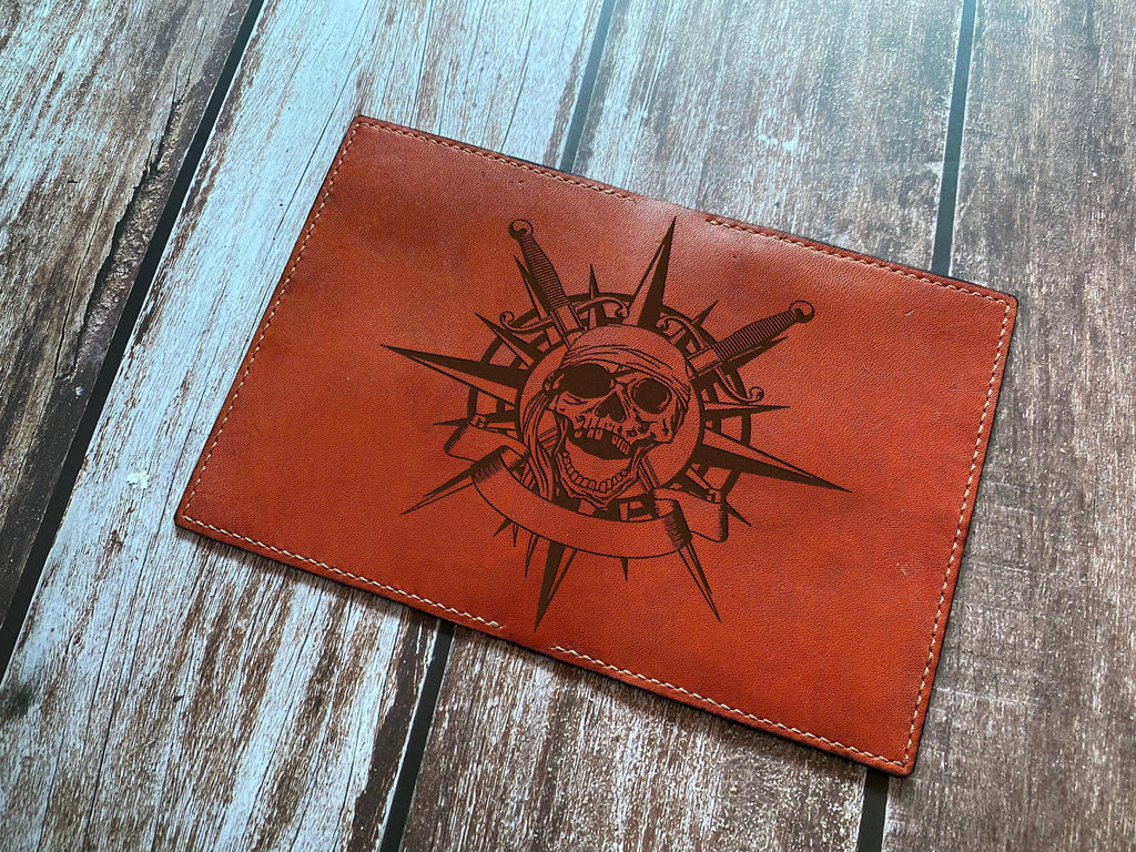 Handmade Leather Passport Wallet: Skull Compass Engraved, Personalized Travel Gift