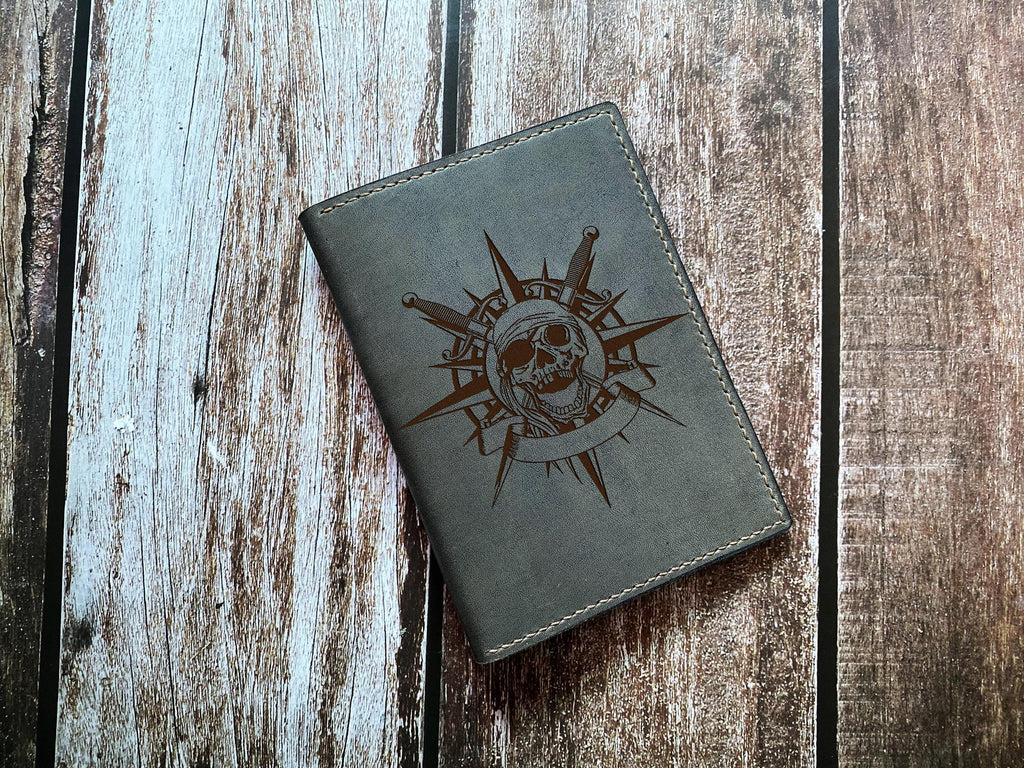 Handmade Leather Passport Wallet: Skull Compass Engraved, Personalized Travel Gift