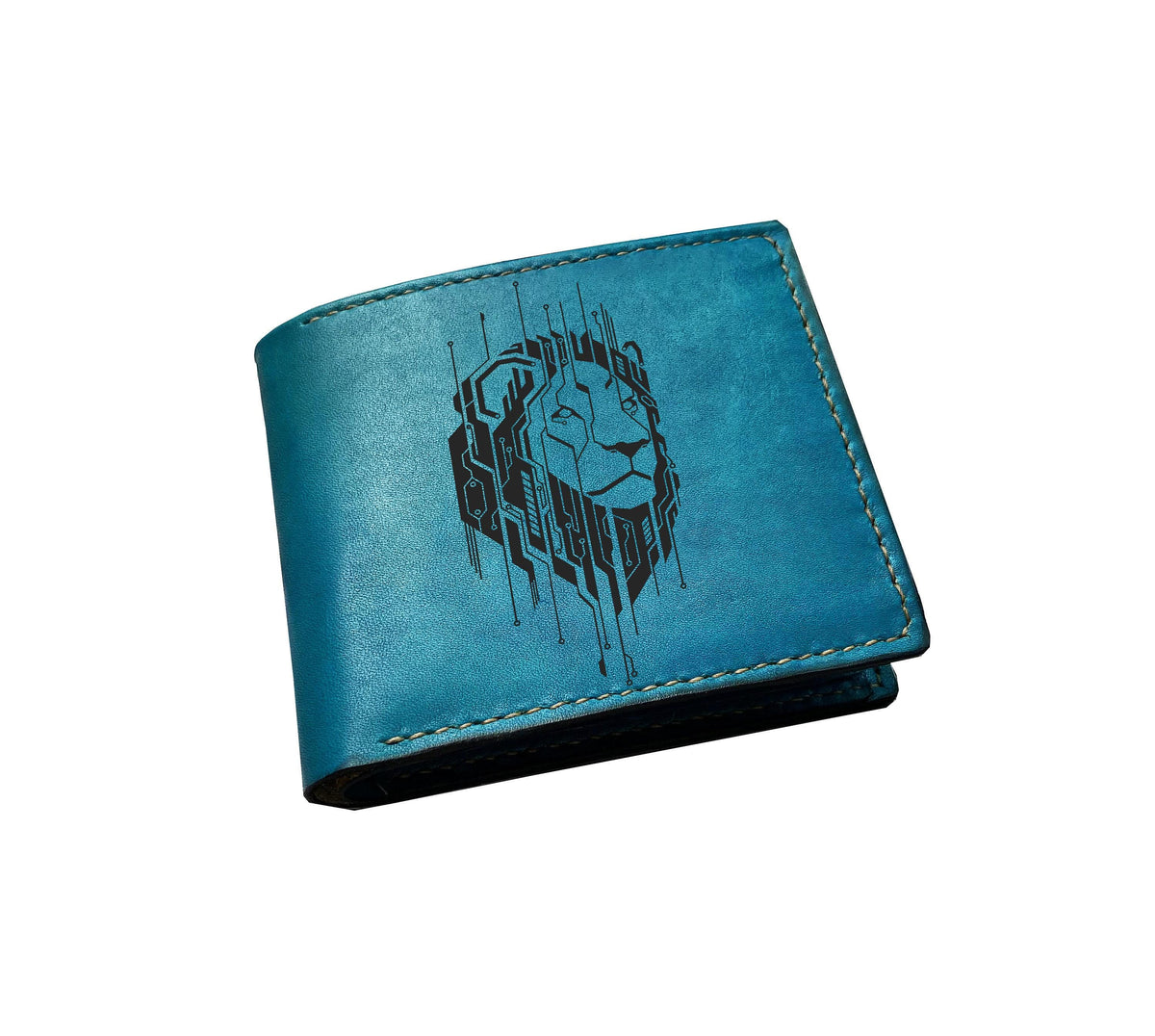 Handmade Genuine Engraved Leather Wallet, Lion Face Engraving
