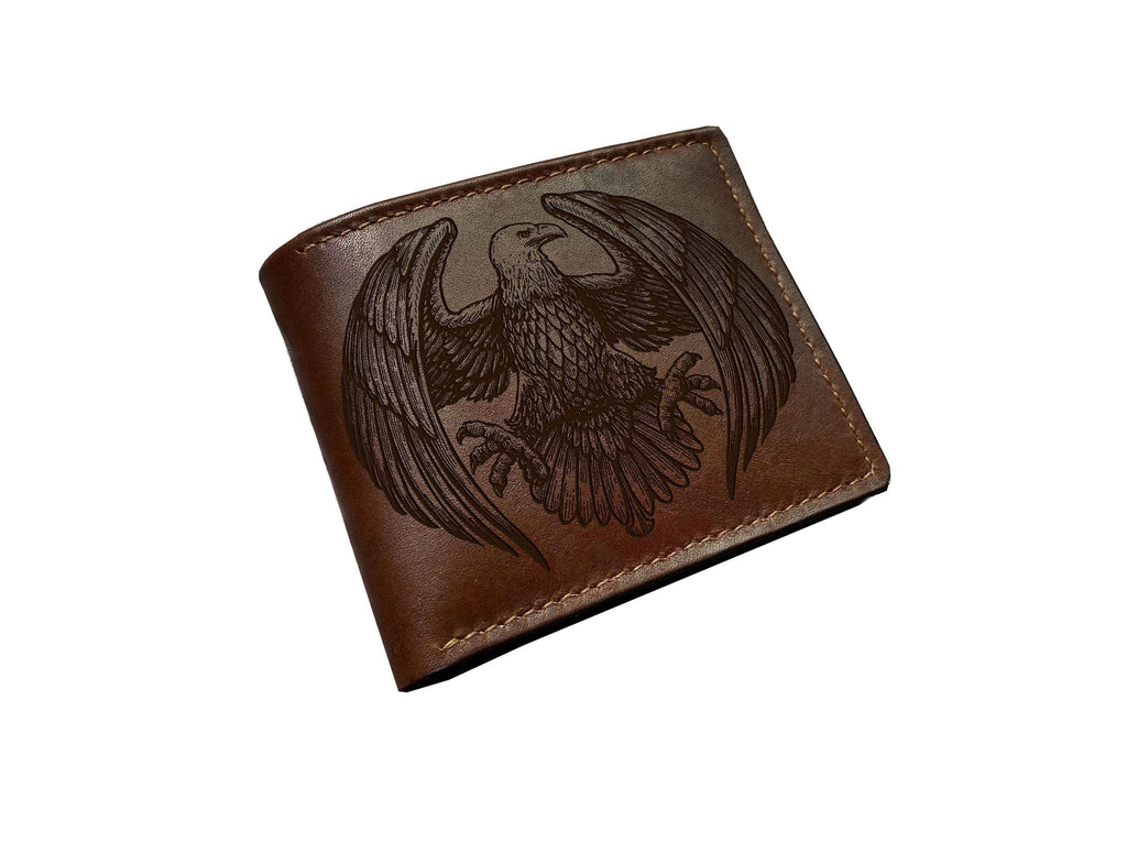 Engraved Eagle Leather Wallet, Handmade Bifold, Gift for Him