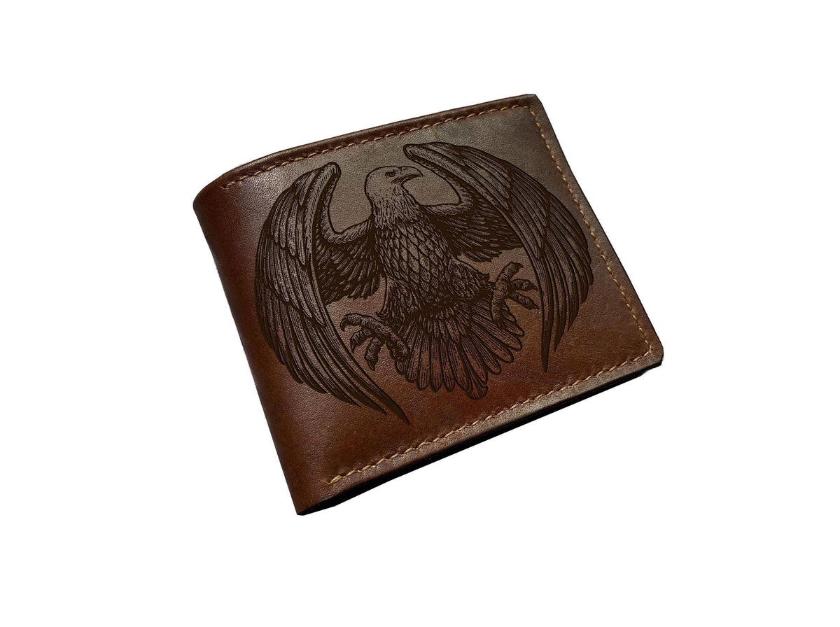 Engraved Eagle Leather Wallet, Handmade Bifold, Gift for Him