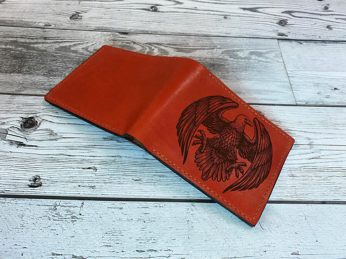 Engraved Eagle Leather Wallet, Handmade Bifold, Gift for Him