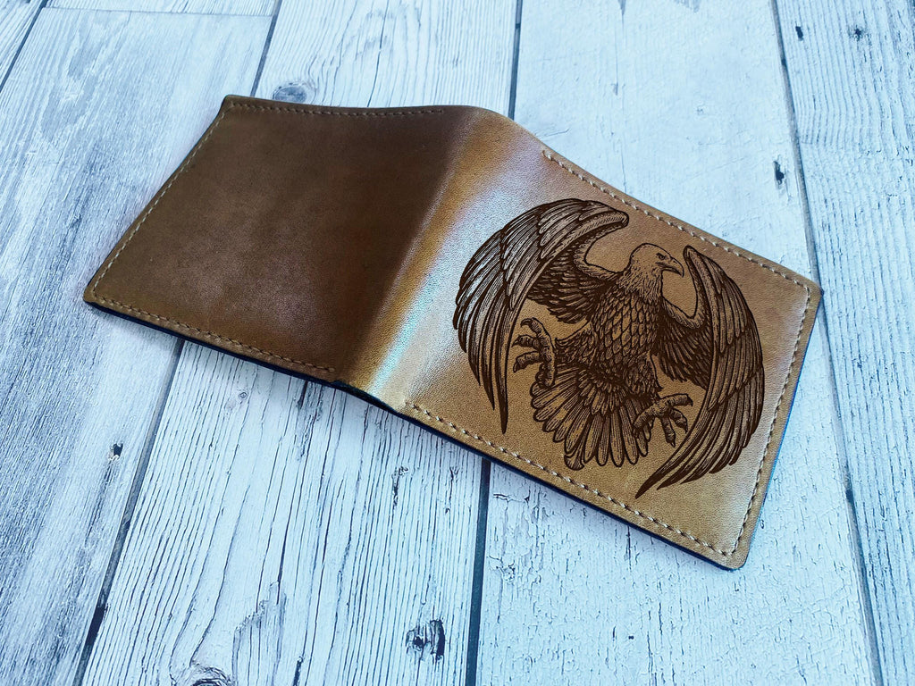 Engraved Eagle Leather Wallet, Handmade Bifold, Gift for Him