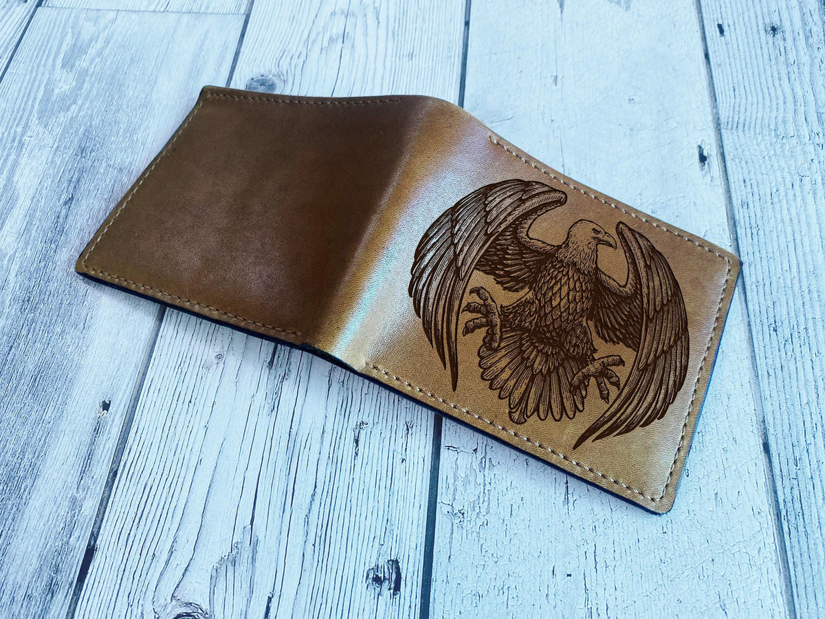 Engraved Eagle Leather Wallet, Handmade Bifold, Gift for Him