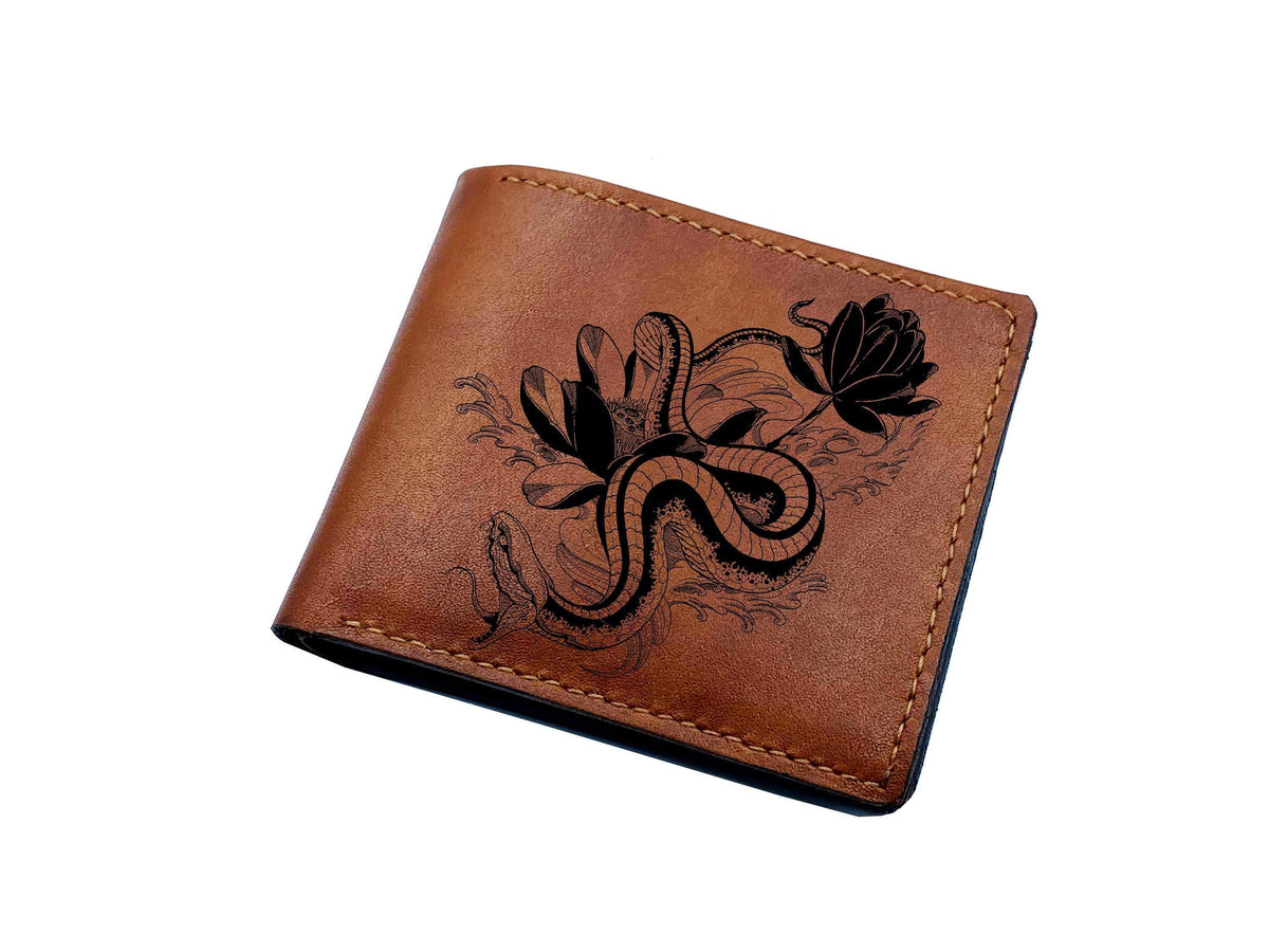 Custom Engraved Leather Wallet, Snake and Lotus Design, Personalized Gift