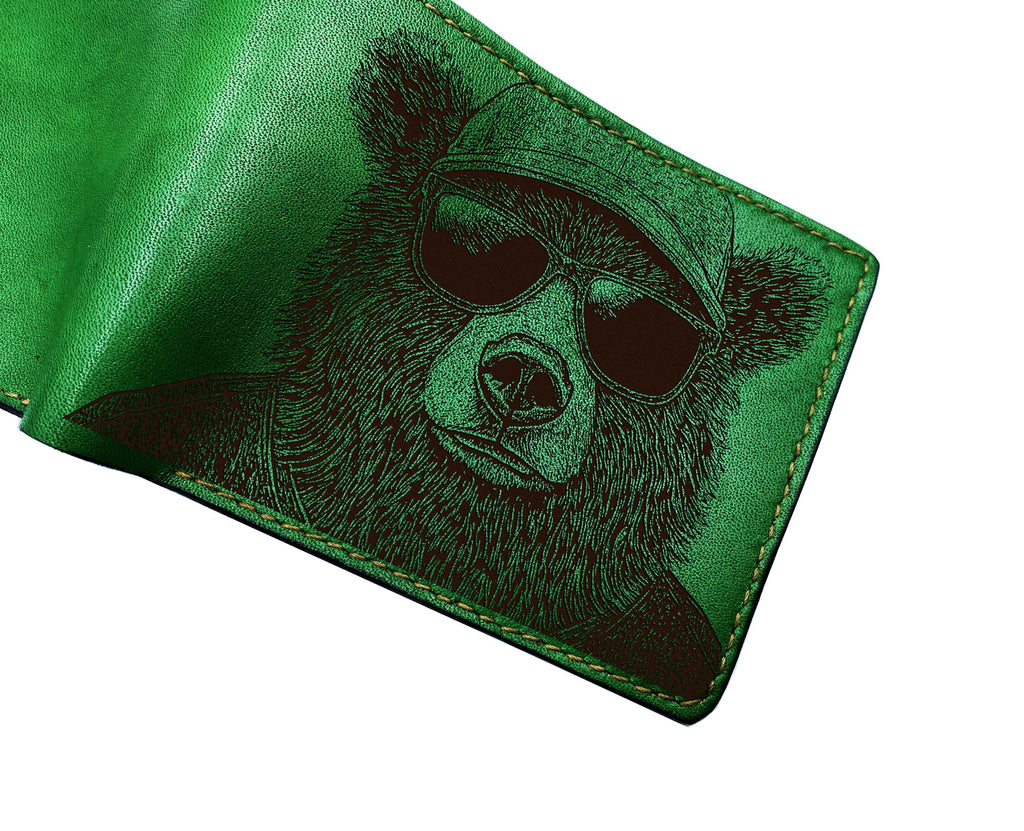 Handmade Leather Bifold Wallet, Bear Sketch, Personalized Gift