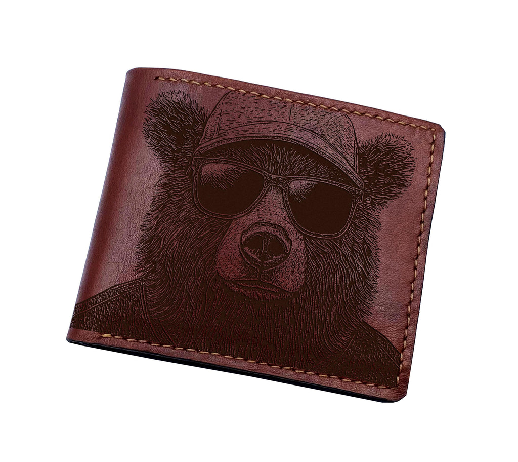 Handmade Leather Bifold Wallet, Bear Sketch, Personalized Gift