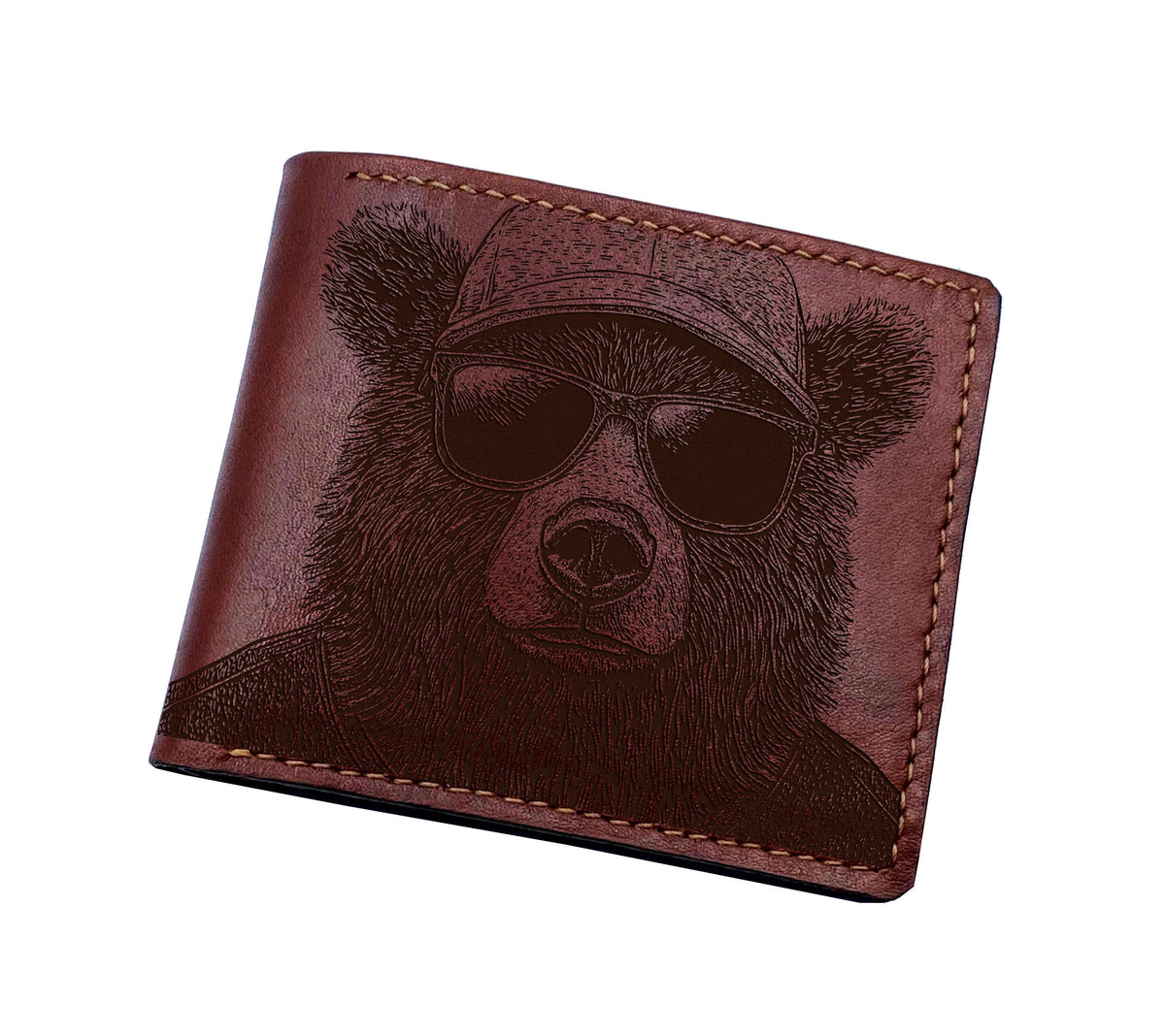 Handmade Leather Bifold Wallet, Bear Sketch, Personalized Gift