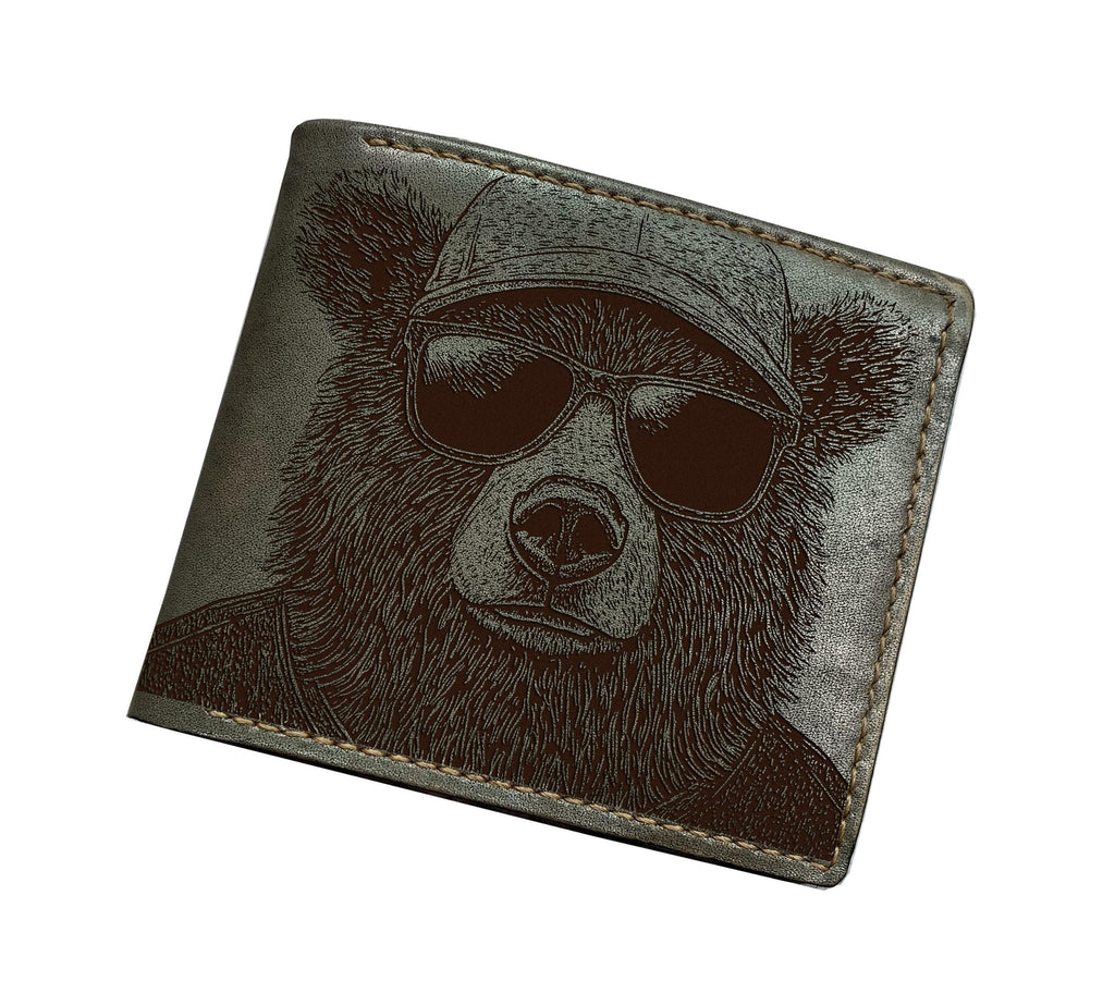 Handmade Leather Bifold Wallet, Bear Sketch, Personalized Gift
