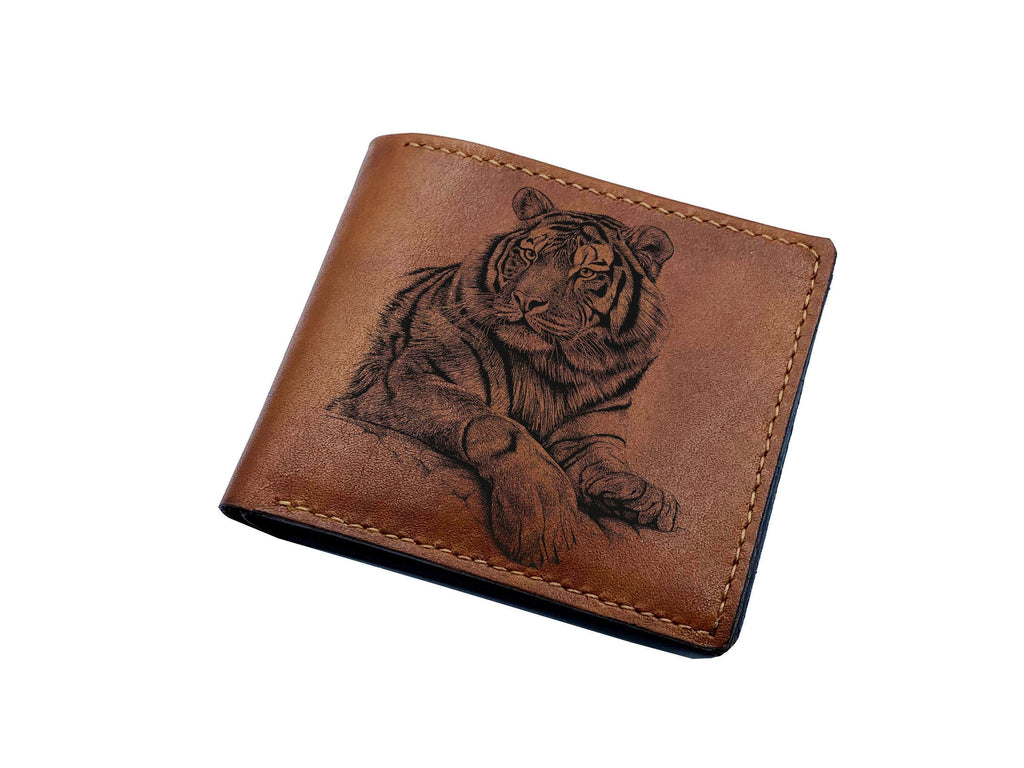 Custom Leather Wallet: Handmade Tiger Art, Genuine Leather Gift