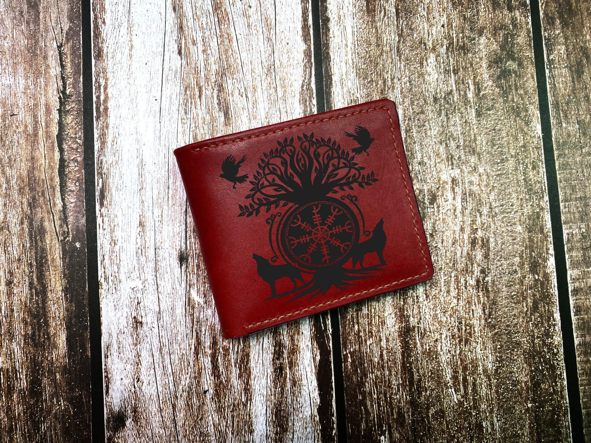 Custom Leather Wallet: Celtic Norse Runes Compass, Handmade