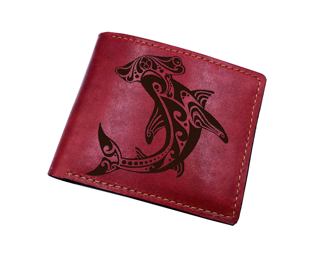 Hammerhead Shark Leather Wallet, Polynesian Tattoo, Handmade
