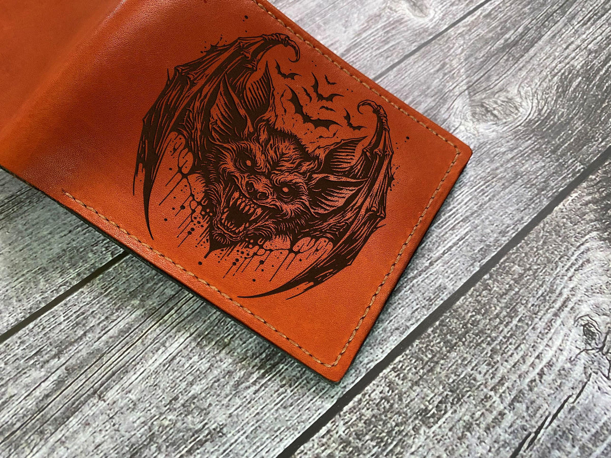 Horror Bat Leather Wallet: Handmade Bifold, Custom Engraved