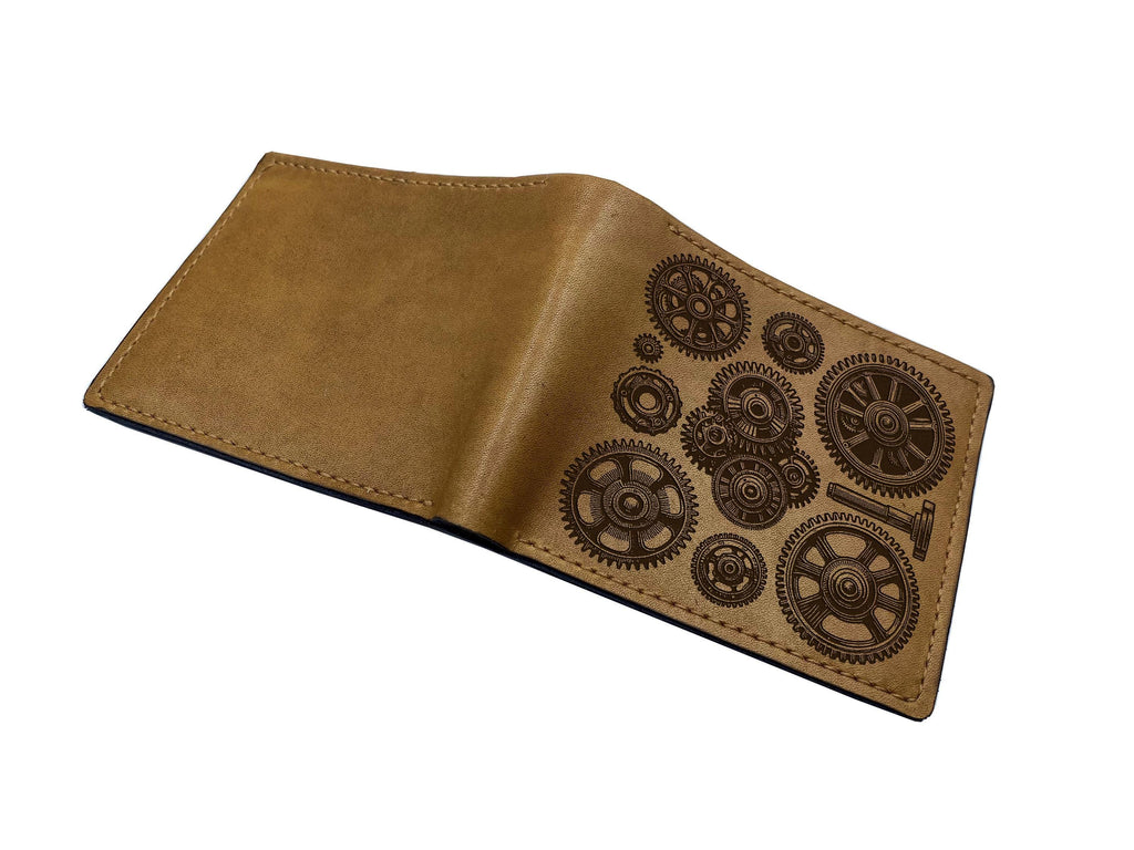 Handmade Steampunk Leather Wallet: Engraved Gear Bifold