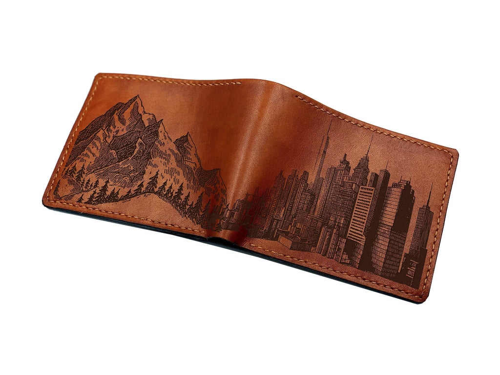 Cityscape Mountain Leather Wallet: Handmade Veg-Tan Cowhide