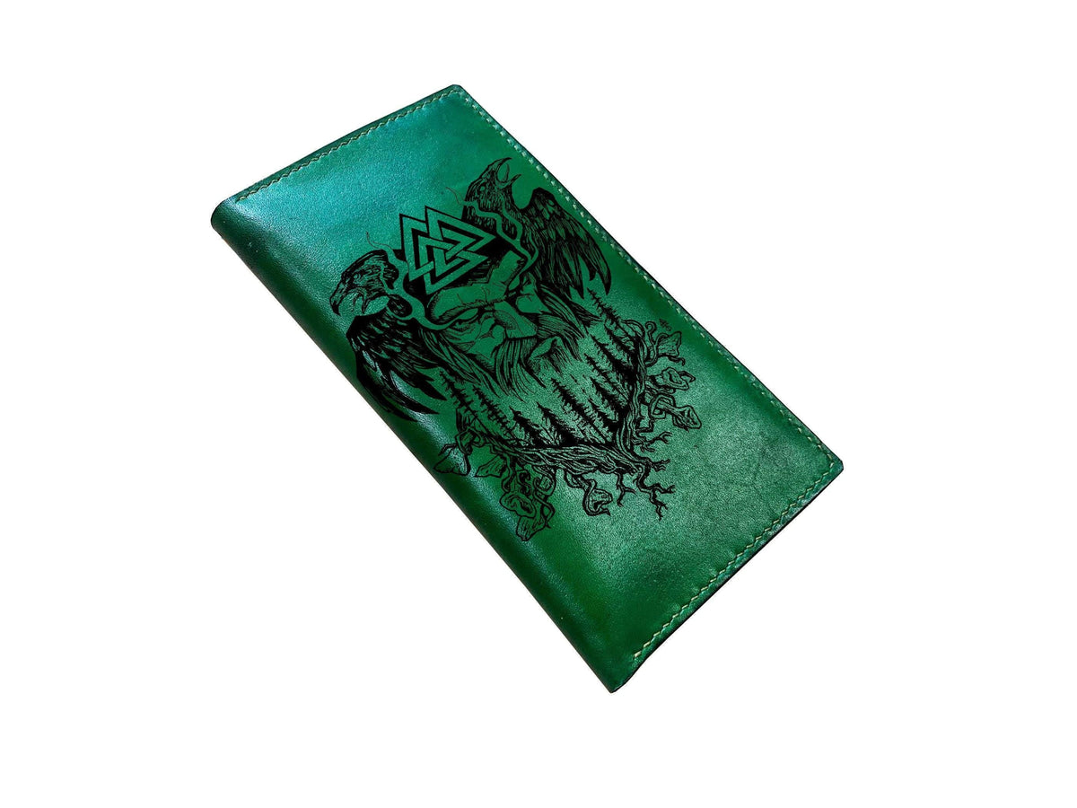 Celtic Norse Runes Leather Wallet: Viking Raven Art, Odin Drawing