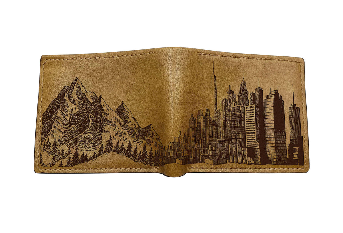 Cityscape Mountain Leather Wallet: Handmade Veg-Tan Cowhide