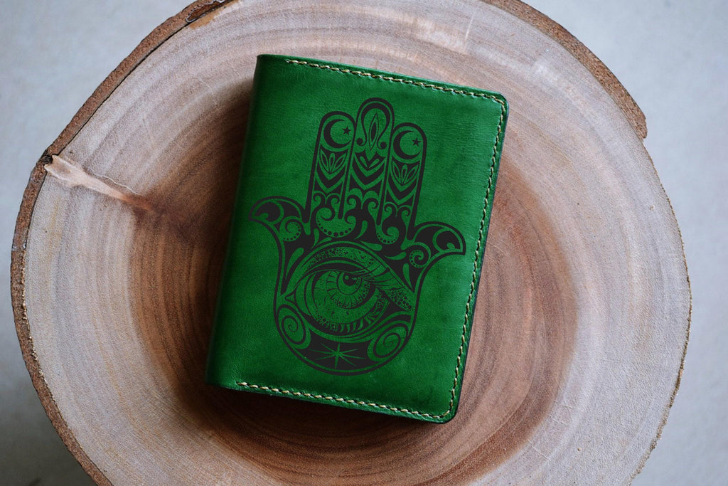 Engraved Leather Wallet, Buddhist Unalome Symbol, Personalized Gift
