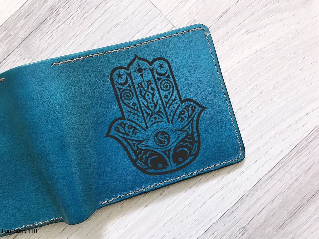 Engraved Leather Wallet, Buddhist Unalome Symbol, Personalized Gift