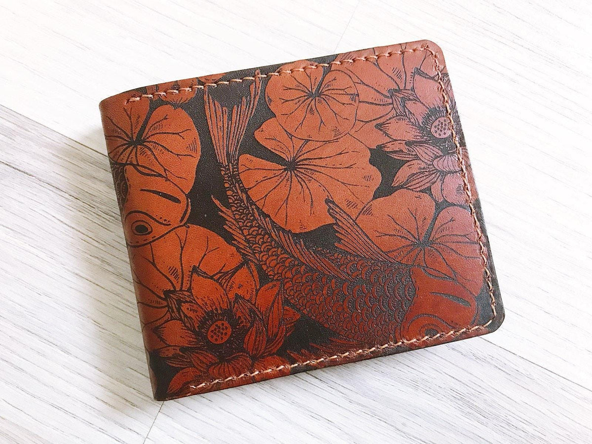 Handmade Leather Wallet, Koi Fish Pattern, Japanese Style Gift