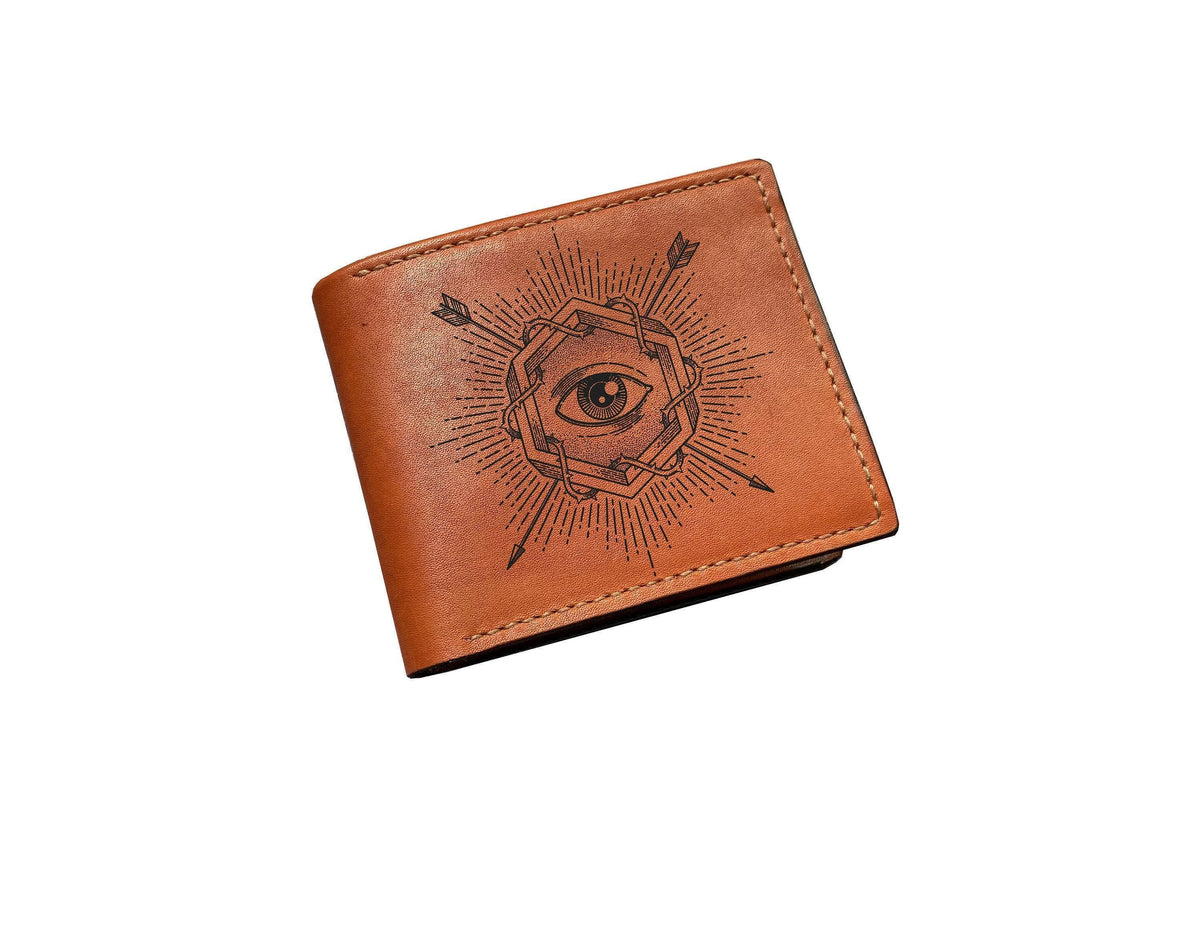 Custom Engraved Leather Wallet: Eye of Truth Symbol, RFID Blocking
