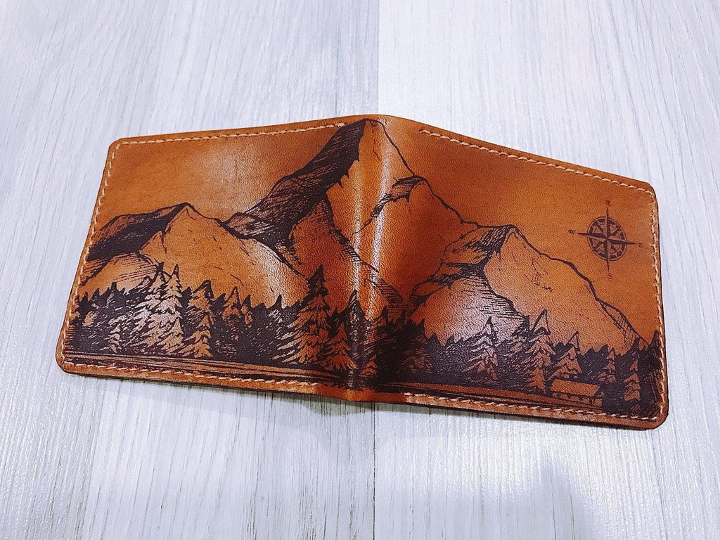 Handmade Leather Bifold Wallet, Mountain Landscape Engraved, Minimalist Style