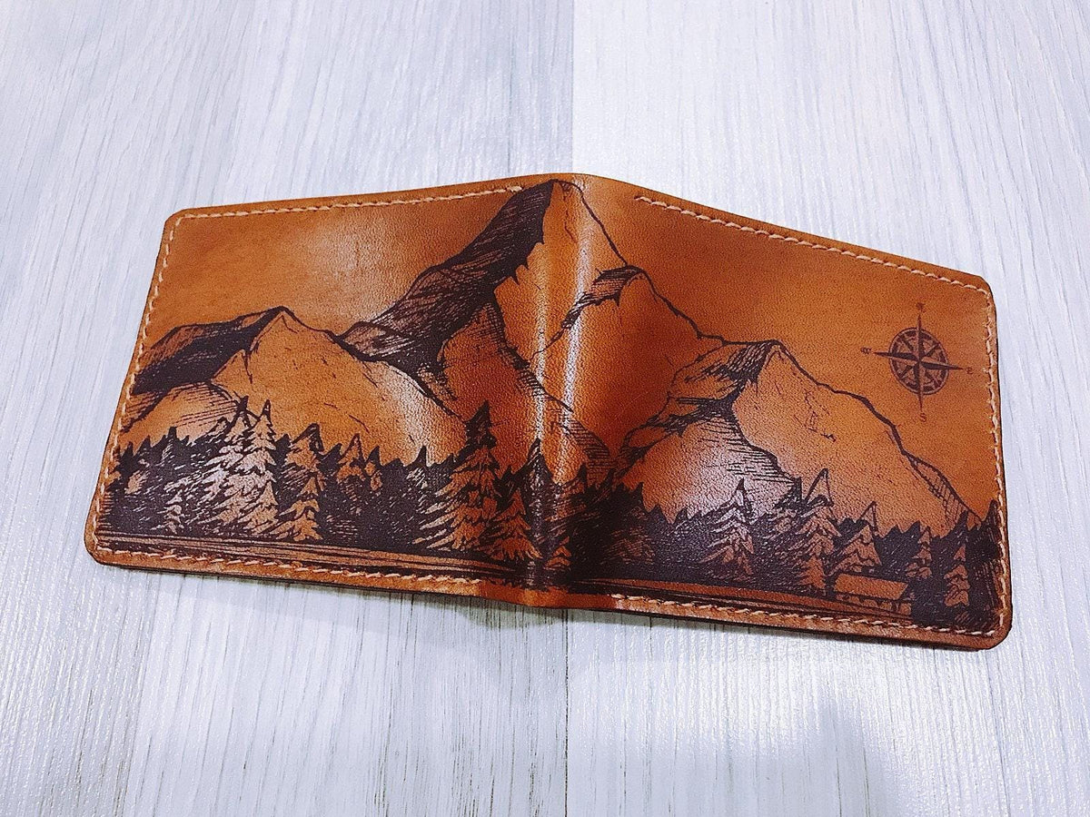 Handmade Leather Bifold Wallet, Mountain Landscape Engraved, Minimalist Style