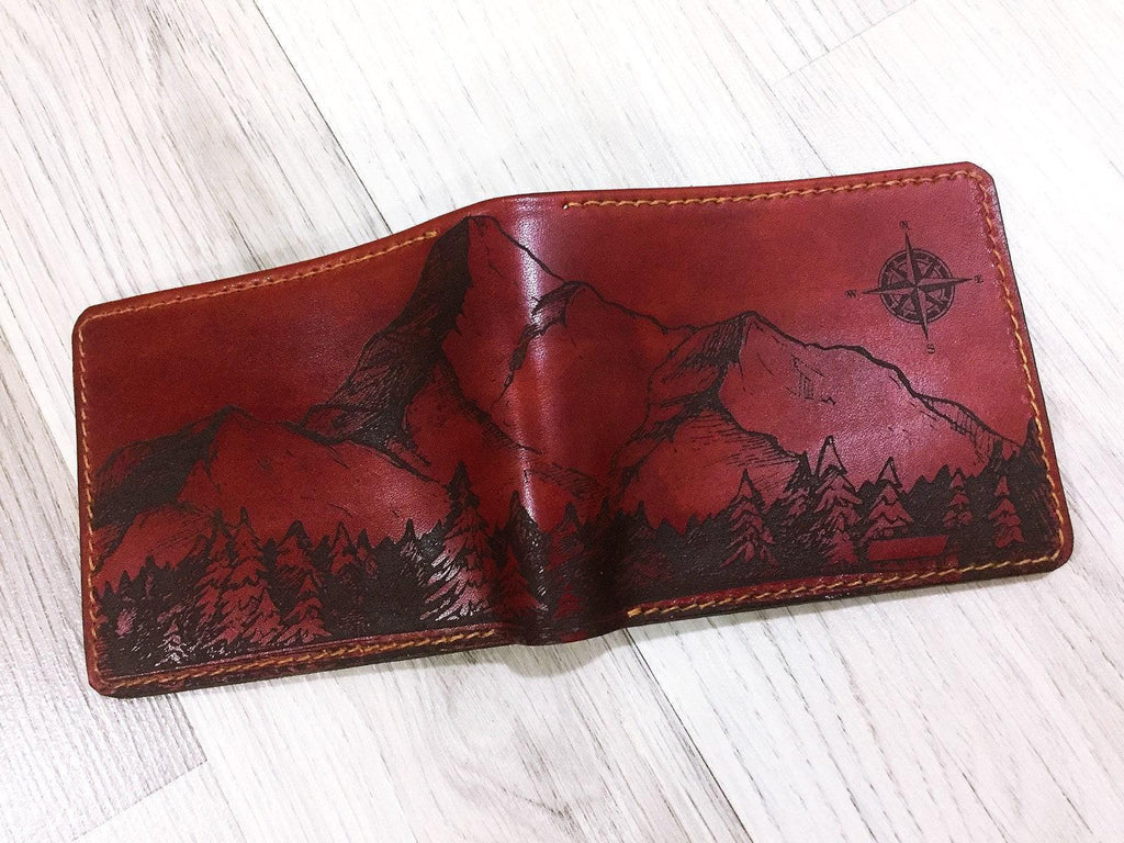 Handmade Leather Bifold Wallet, Mountain Landscape Engraved, Minimalist Style