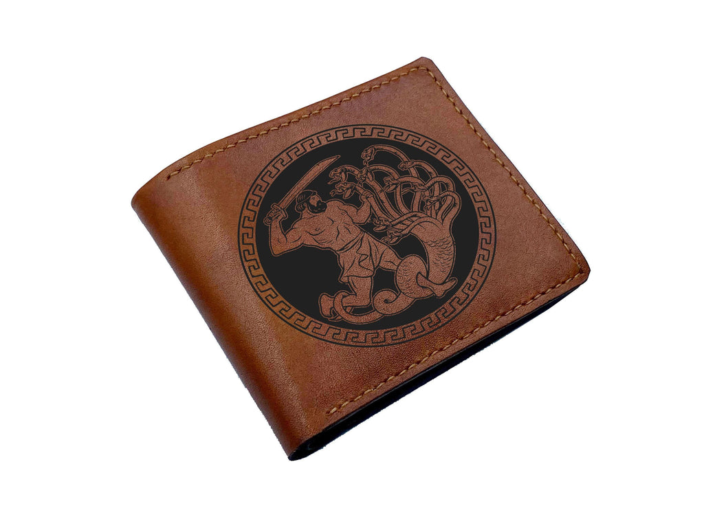 Custom Leather Men's Wallet: Engraved Cerberus, Greek Myth Gift