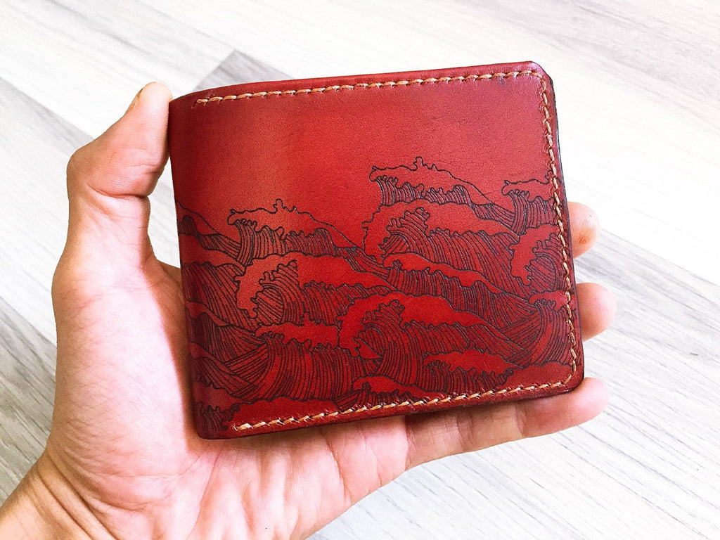 Personalized Wave Leather Bifold Wallet, Handmade Anniversary Gift