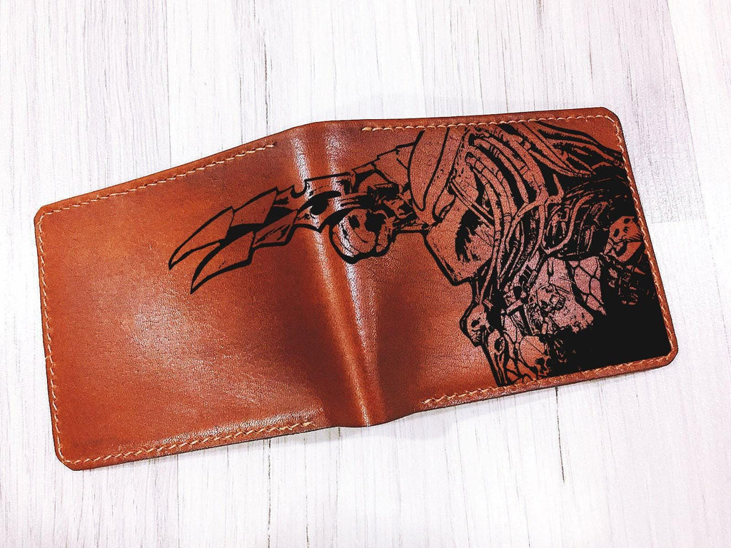 Personalized Predator Leather Wallet: Handmade Horror Movie Gift