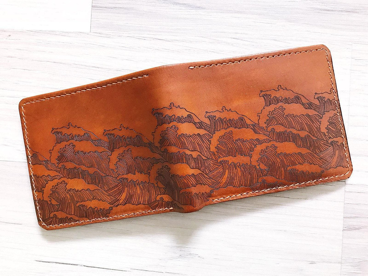 Personalized Wave Leather Bifold Wallet, Handmade Anniversary Gift