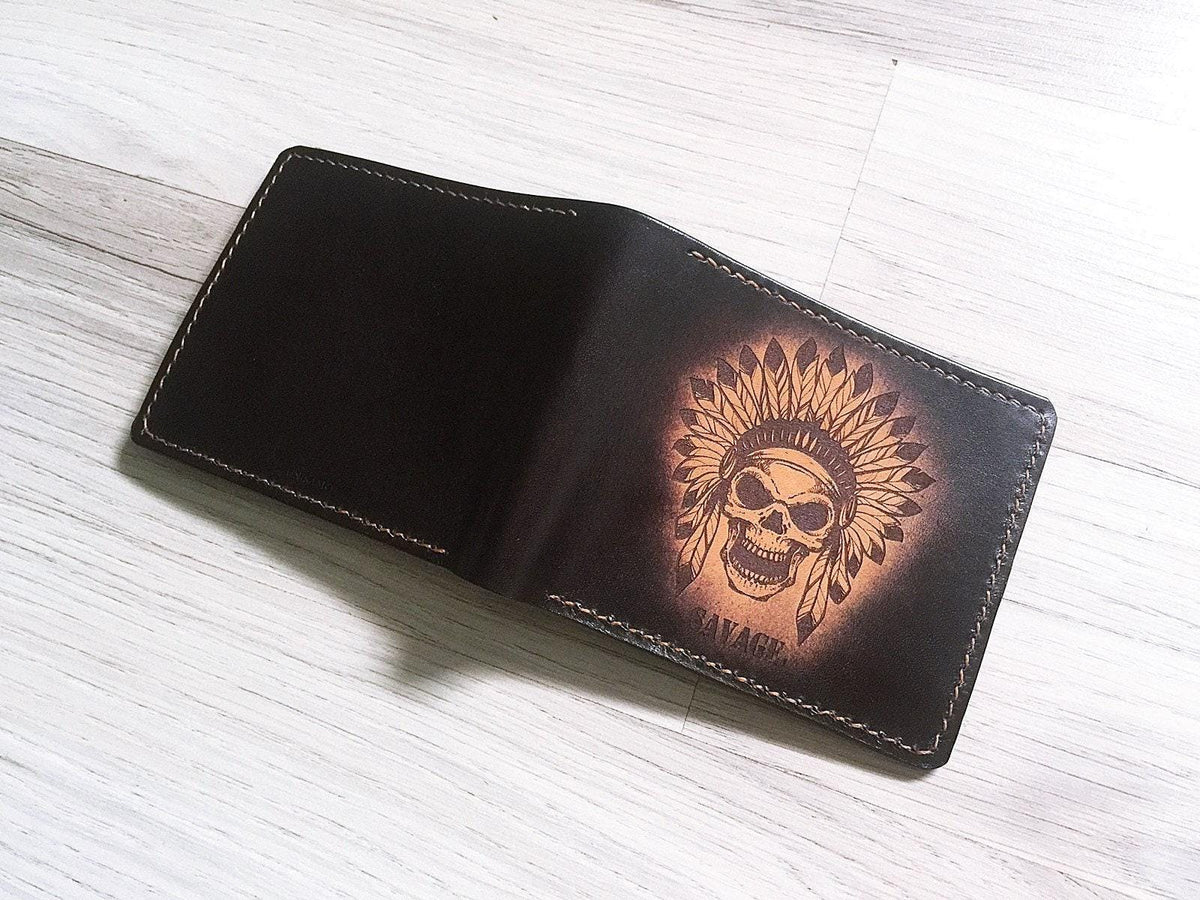Personalized Leather Wallet: Indian Chief Skull, Handmade Veg-Tan
