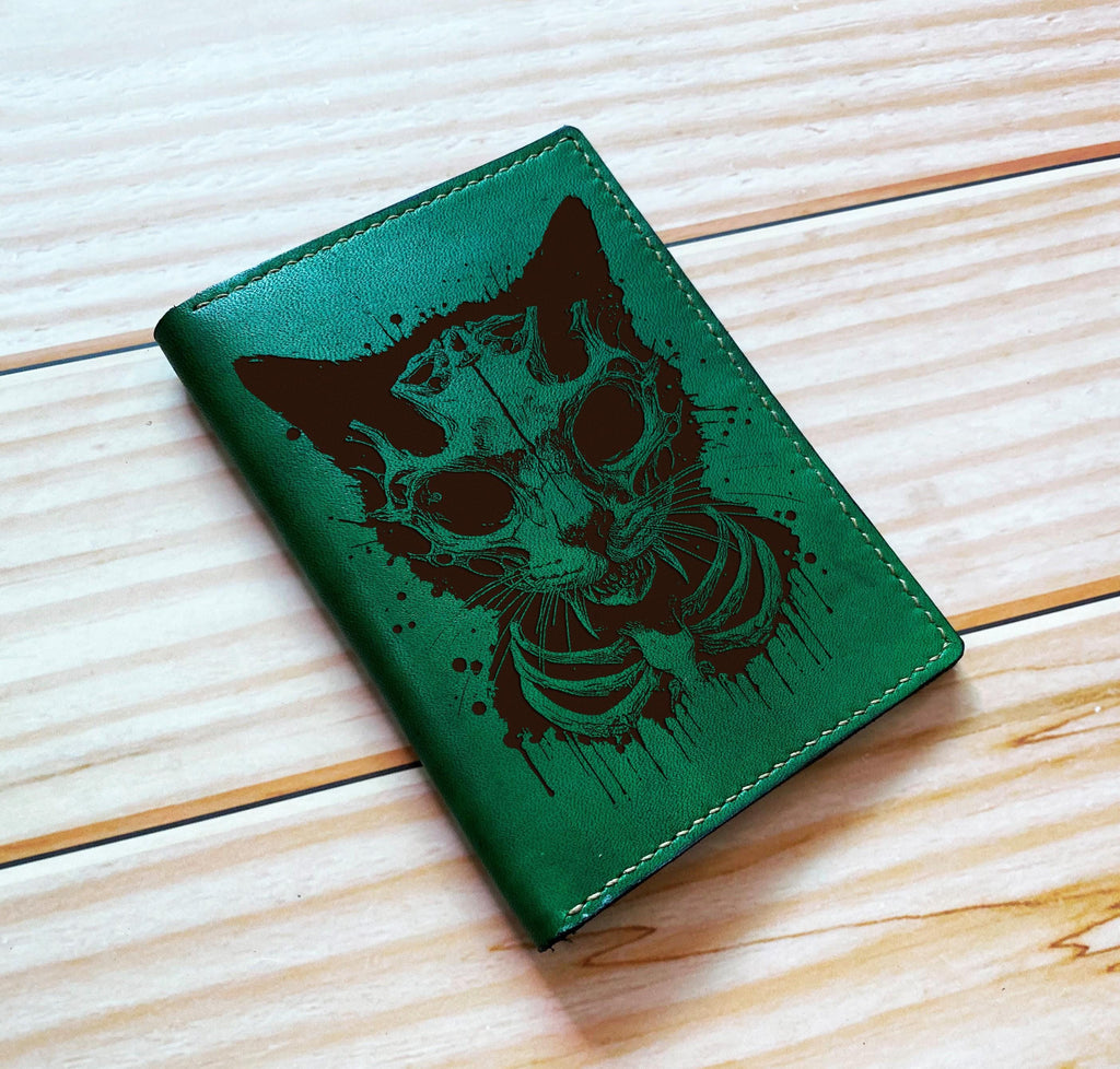 Customized cat skeleton leather wallet, pet engrave leather gift for dad, husband, boyfriend