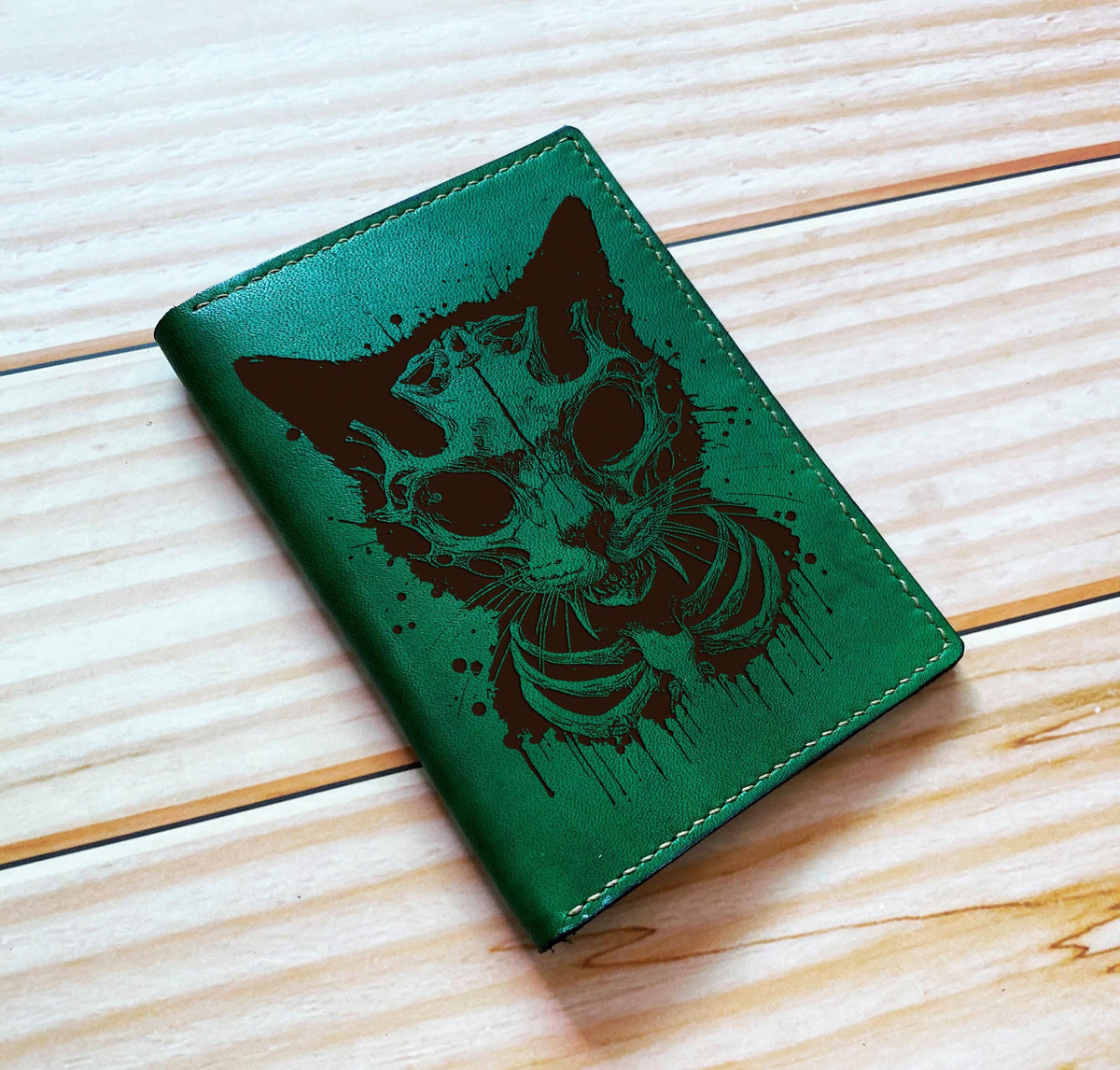 Customized cat skeleton leather wallet, pet engrave leather gift for dad, husband, boyfriend