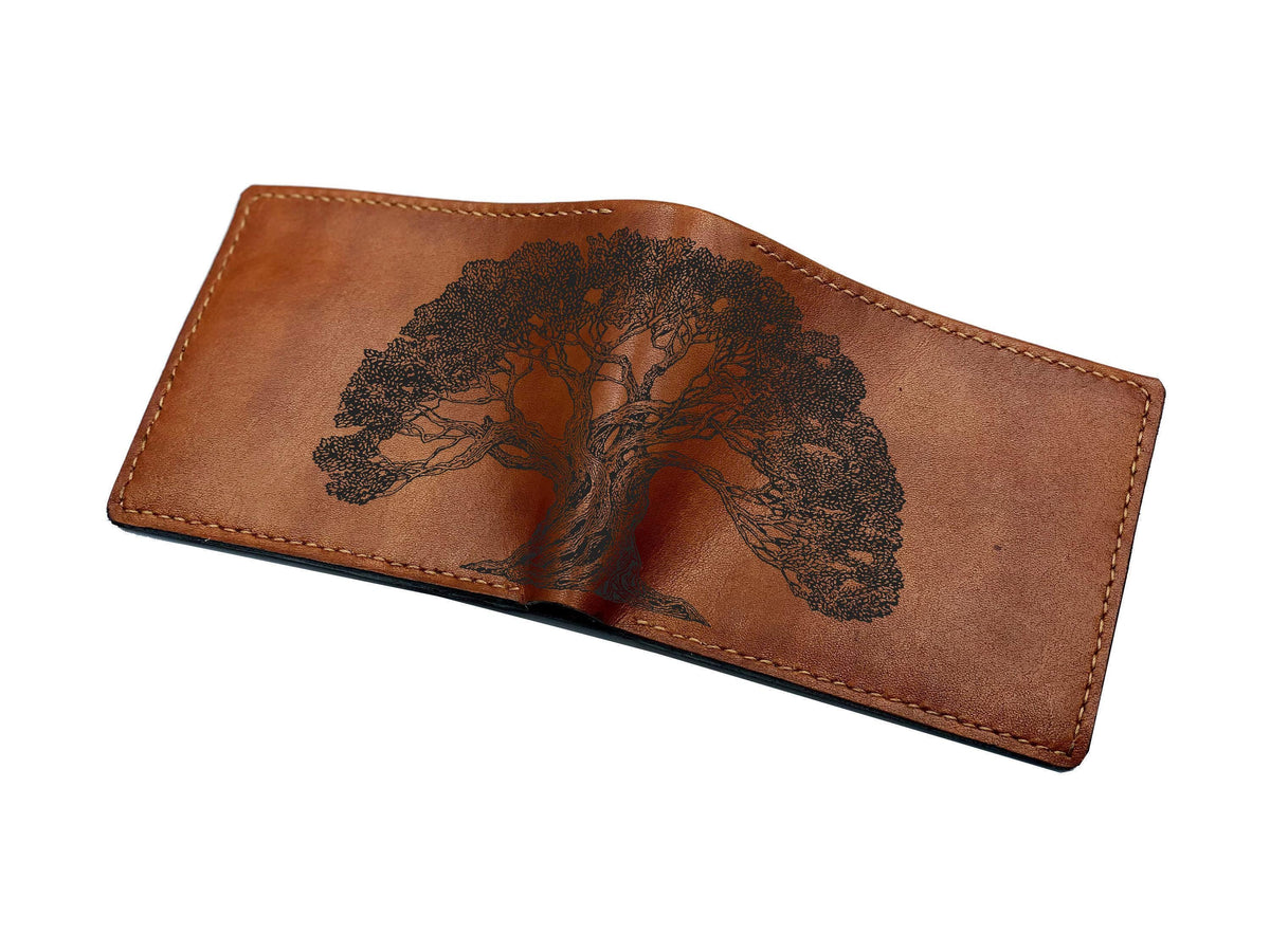 Handmade Leather Men's Wallet, Tree Forest Engraved, Personalized Gift