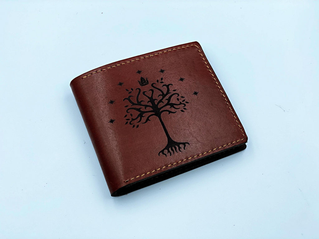 Handmade Leather Lord of the Rings Wallet, White Tree of Gondor, RFID Blocking